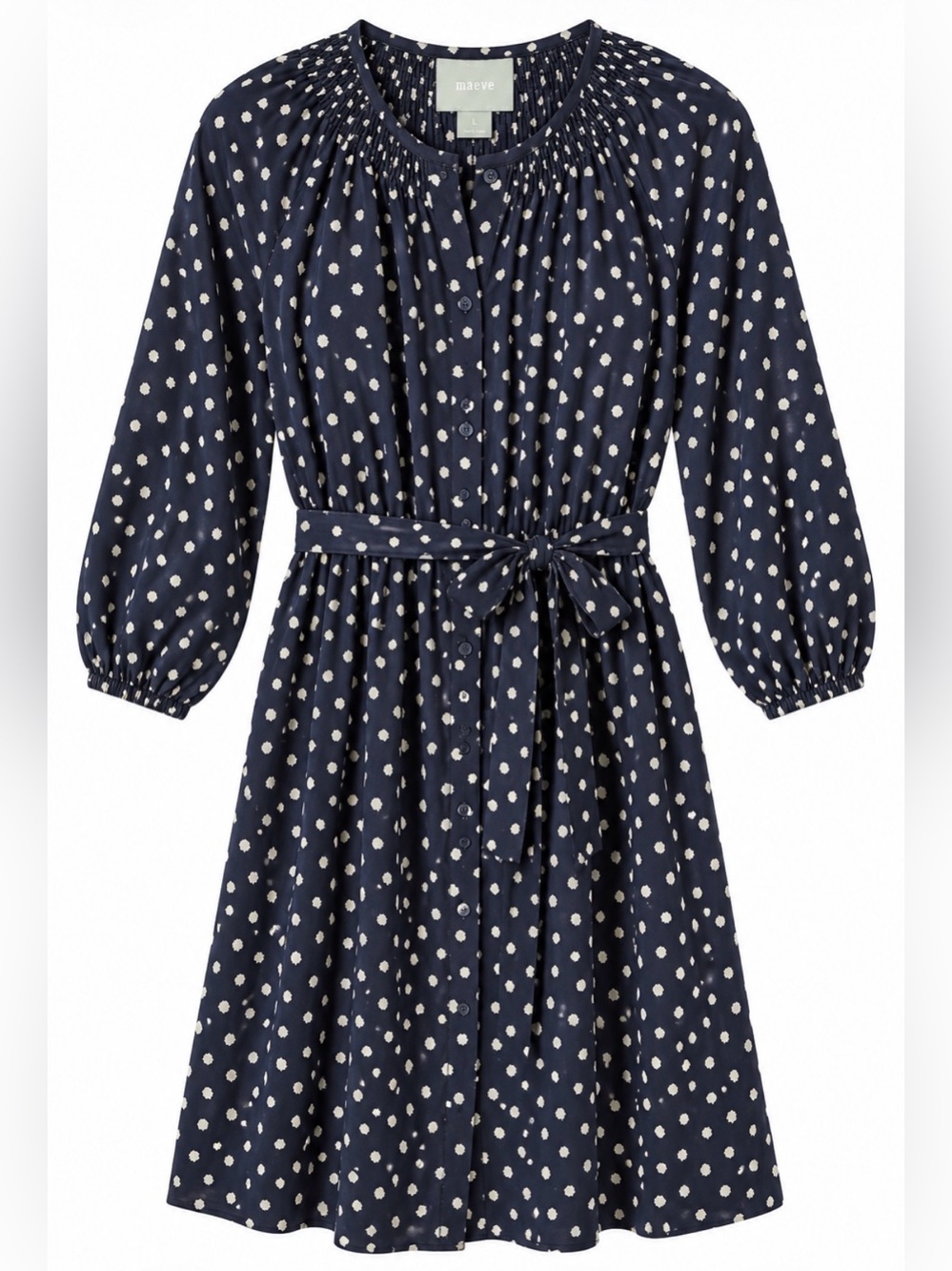 Anthropologie Maeve Navy Polka Dot Smocked Tie Waist Dress L